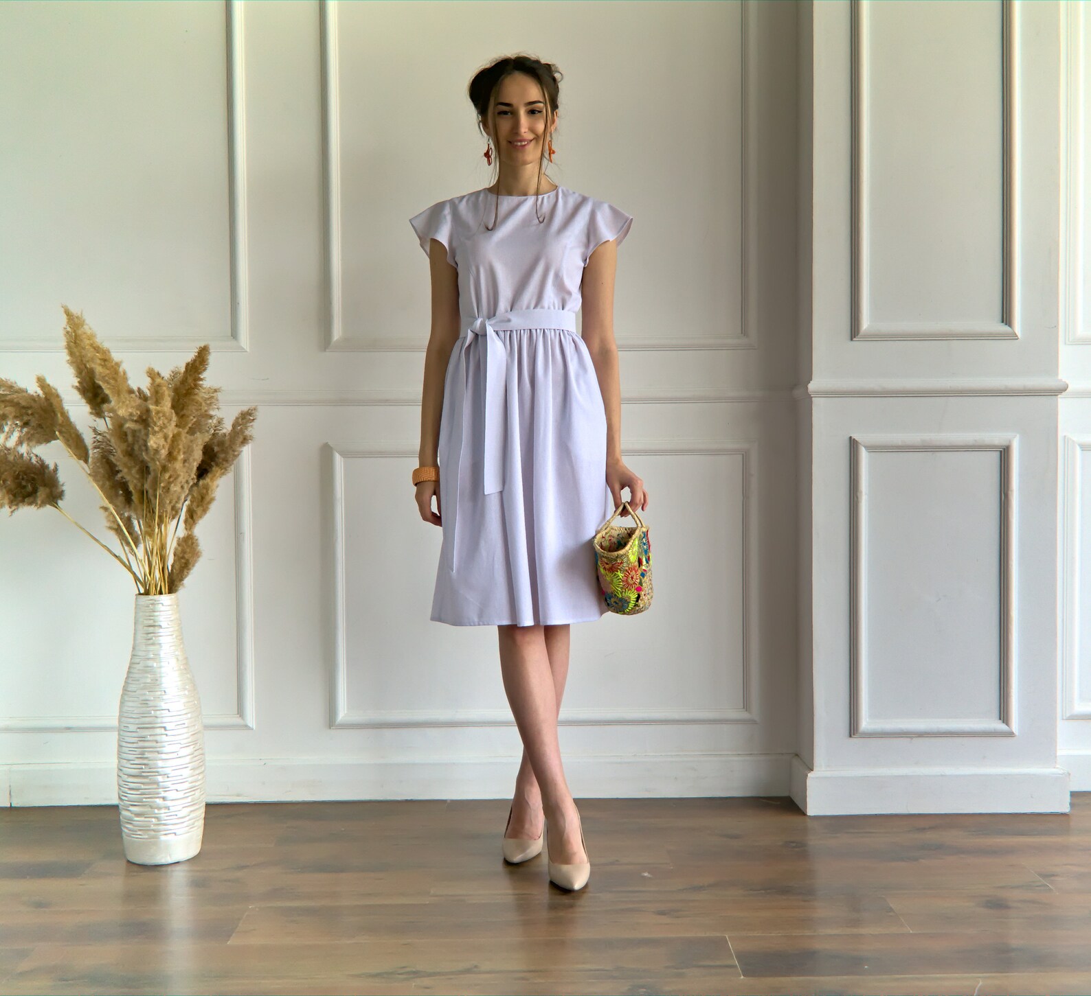 WHITE LINEN DRESS Tea Length Dress Linen Dress Feminine Etsy