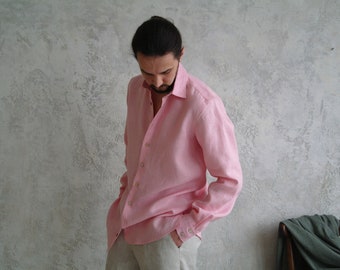 Linen Shirt Men, Handmade Linen Men shirts, Button down shirt, Classic Linen shirt, Gift for him! Oxford pink linen shirt, Summer Flax shirt