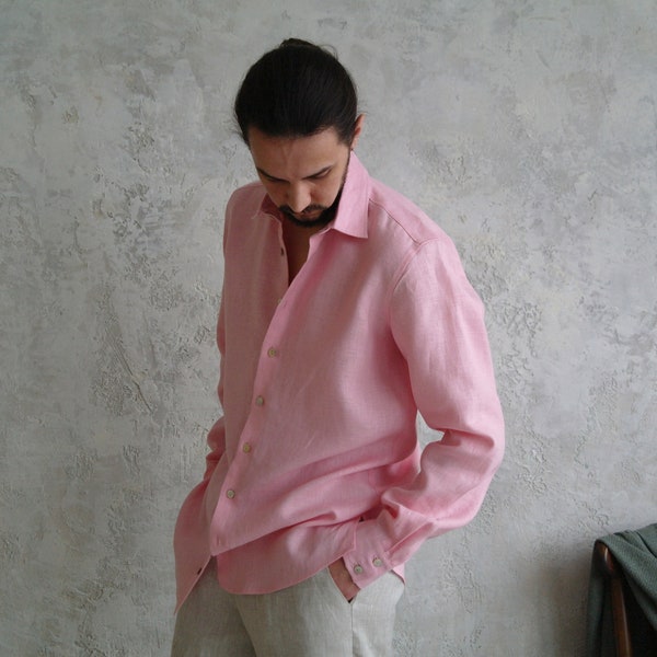 Linen Shirt Men, Handmade Linen Men shirts, Button down shirt, Classic Linen shirt, Gift for him! Oxford pink linen shirt, Summer Flax shirt