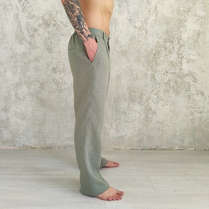 Straight Linen Pants for Men, Classic Linen Trousers, Organic Flax Men's Pants, Natural Linen Pants , Men's Elastic Waist Linen Pants zdjęcie 2