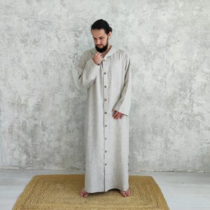 Men's Undyed Hooded Linen Kaftan with Button Front Side Slits and Deep Pockets, product view showing the collar of undyed, hooded linen kaftan.