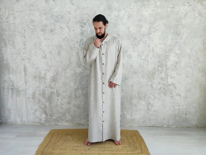 Men's Undyed Hooded Linen Kaftan with Button Front Side Slits and Deep Pockets, product view showing the collar of undyed, hooded linen kaftan.