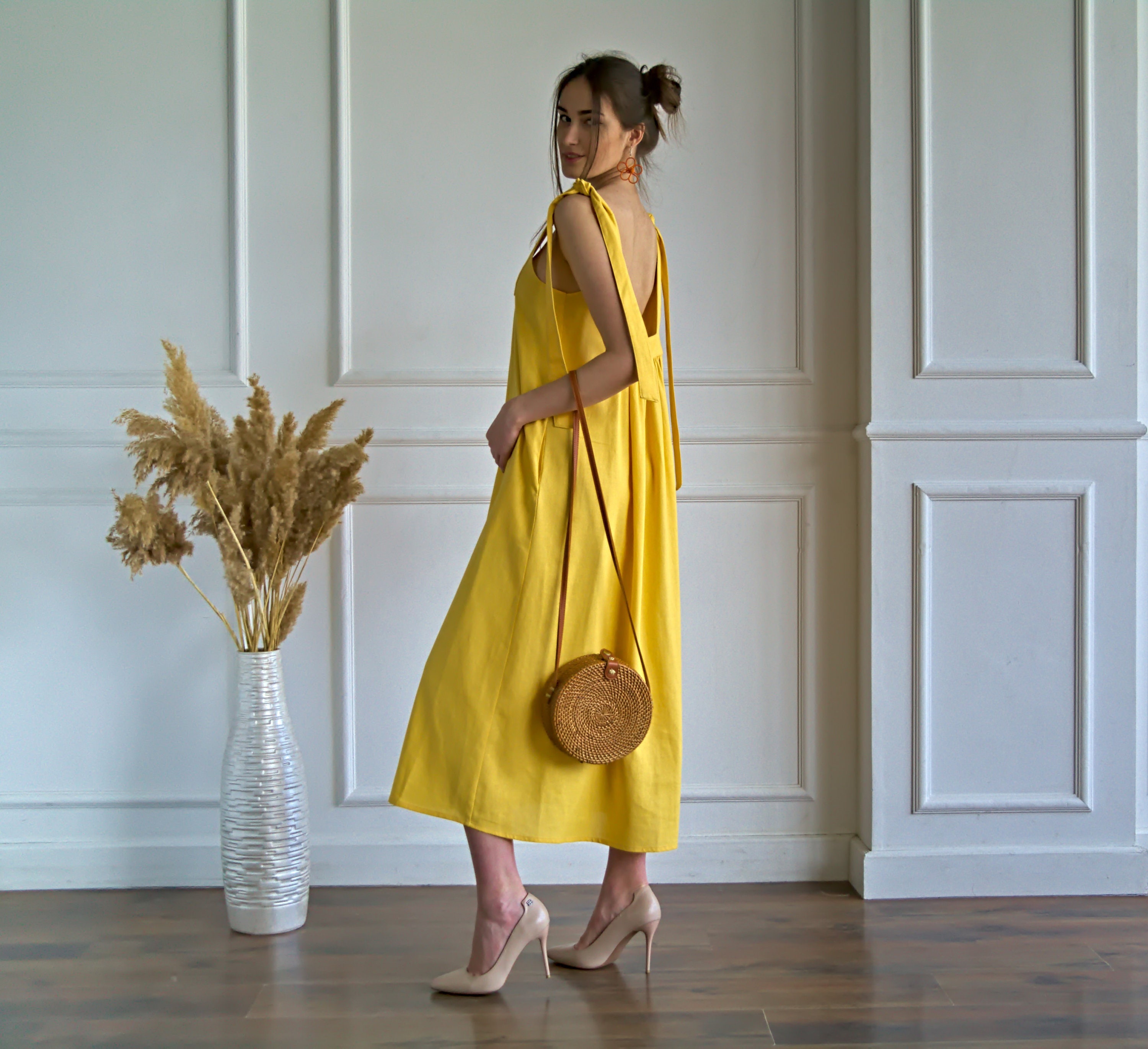 Italian linen dresses Fitted Casual Long Sleeve yellow Spliced Women Dress