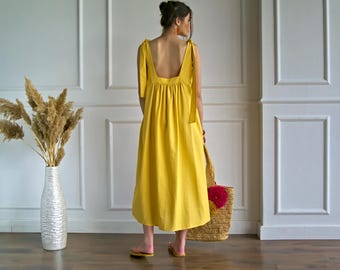 Linen Maxi Sundress for Women, Backless Wide Strap Dress with Square Neck