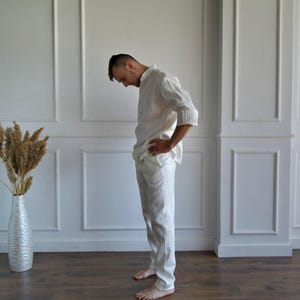 MEN'S LINEN SET, Pure linen suit men, Best man linen suit, Band collar shirt, Roll-up sleeves, Linen pants men, Flax trousers, Flax shirt image 8