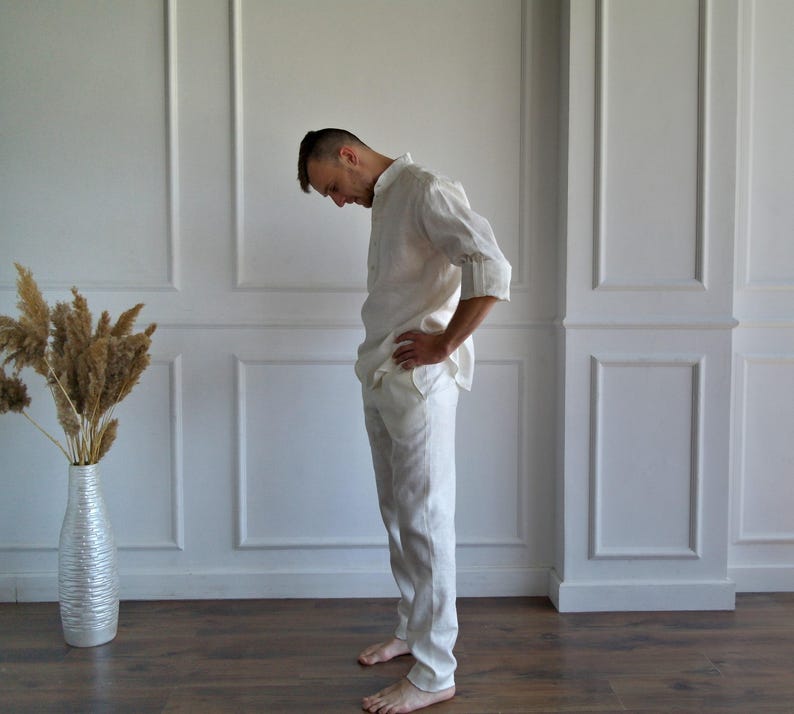 MEN'S LINEN SET, Pure linen suit men, Best man linen suit, Band collar shirt, Roll-up sleeves, Linen pants men, Flax trousers, Flax shirt image 8
