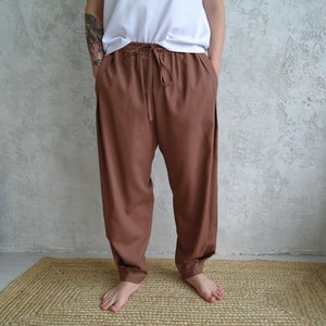 Mens LINEN PANTS men, Size M Cappuccino colour. Light Summer Pleated Tapered pants, Elastic waist Pants, Comfy trousers, Casual Linen Pants
