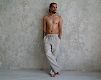 Men's Linen Trousers with Pockets, Straight Pants with Elastic Drawstring Waist in Undyed Linen