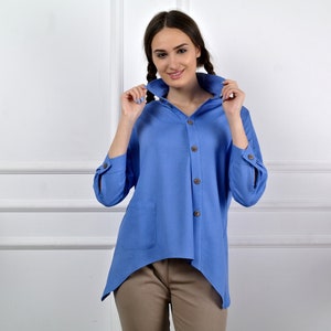 Women's Shirt, Asymmetric Linen Shirt Women, Linen Shirt with 3/4 sleeves, Linen Casual shirt Womens, Loose Linen Blouse, Maxi Linen top Forget-me-not