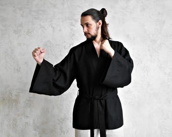 Men's Linen Kimono Jacket, Wide Sleeve Japanese Style Flax Cardigan for Summer Travel