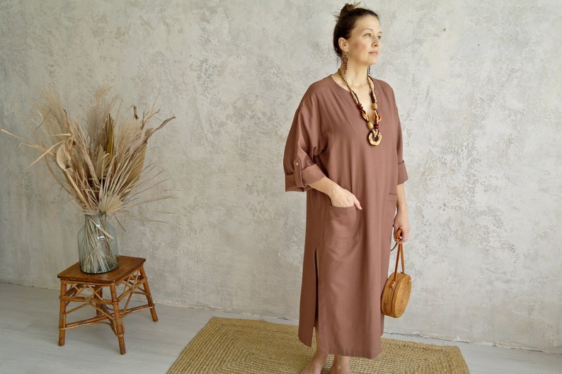 Linen Beach Dress with Side Slits, Womens Linen KAFTAN, Linen Tunic with Roll-up Sleeves, Long V-neck Dress, Organic Flax Kaftan Dress Women image 9