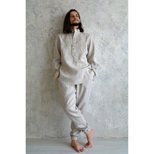 LINEN set for Men: stand up collar shirt, tapered pants. Men&#39;s Linen Vacation Suit, Undyed Linen Suit Men, Mens Organic flax Shirt and Pants