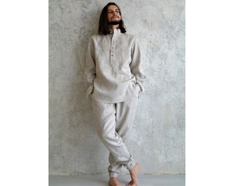 LINEN set for Men: stand up collar shirt, tapered pants. Men&#39;s Linen Vacation Suit, Undyed Linen Suit Men, Mens Organic flax Shirt and Pants