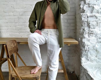 White Linen Pants for Men, Lightweight Drawstring Trousers for Relaxed Summer Travel