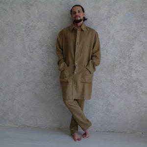 LINEN MEN SUIT: Trench Coat and Pants, Natural Linen Suit for Men, Men&#39;s Linen Overcoat, Men&#39;s Linen Pants, Organic Flax Suit, Linen Set Men
