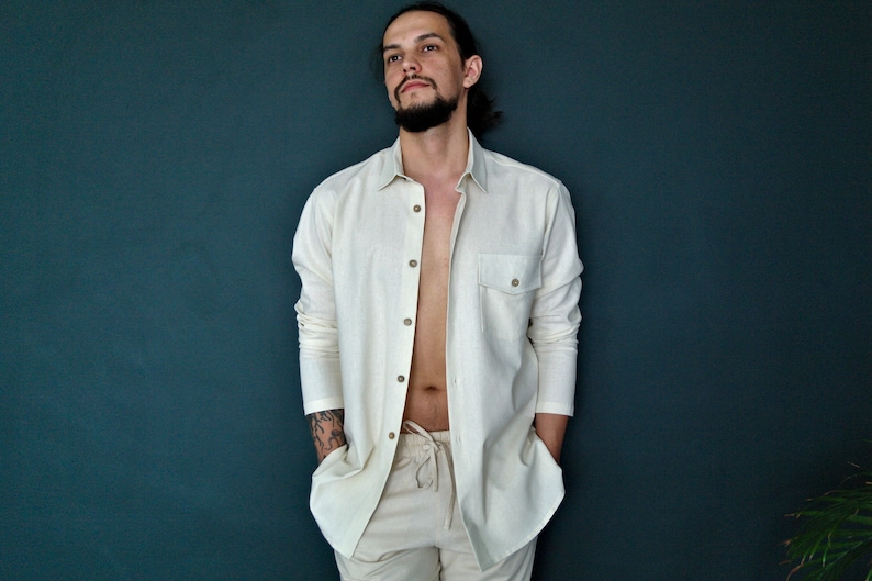 LINEN MENS SUIT: button down shirt, tapered linen pants. Beach Party Suit, Linen Suit for Men, Linen Men's Shirt&Pants, Natural Flax Suit image 7