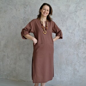 Women's KAFTAN DRESS, Linen Long Tunic with Roll-up Sleeves, Linen Beach Dress with Slits, Midi V-neck Dress, Linen Kaftan Women image 9