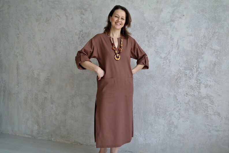 Women's KAFTAN DRESS, Linen Long Tunic with Roll-up Sleeves, Linen Beach Dress with Slits, Midi V-neck Dress, Linen Kaftan Women image 9