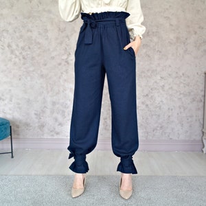 LINEN PANTS for Women, Natural Linen pants, Women's Wide-leg Pants with Straps, Women Linen trousers, Womens Flax pants, Wide linen Trousers image 2