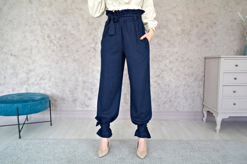 LINEN PANTS for Women, Natural Linen pants, Women's Wide-leg Pants with Straps, Women Linen trousers, Womens Flax pants, Wide linen Trousers image 2