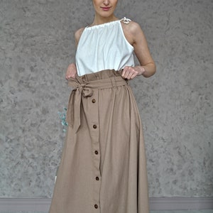 LINEN A-line SKIRT, High-waist elasic Skirt with Belt, Ruffled linen skirt, Midi Linen Skirt, Linen skirt with pockets, Long linen skirt image 4