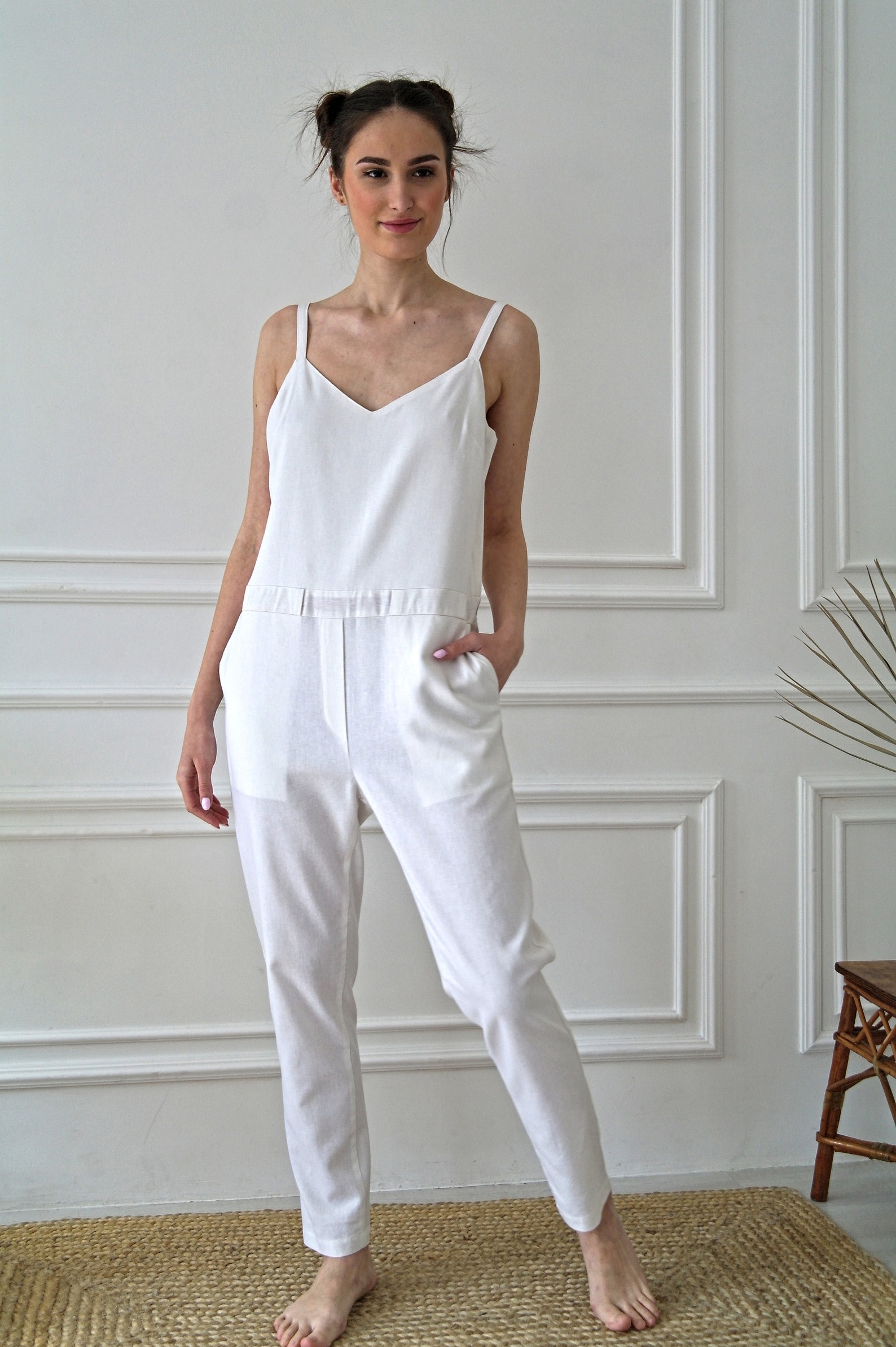 White LINEN Strap Jumpsuit Linen jumpsuit women Womens linen Etsy