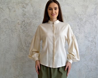 Linen SHIRT for women, Women's Stand Collar Shirt, Linen Kimono shirt, Natural Linen shirt, Linen blouse Puffy sleeves, Linen Bohemian shirt