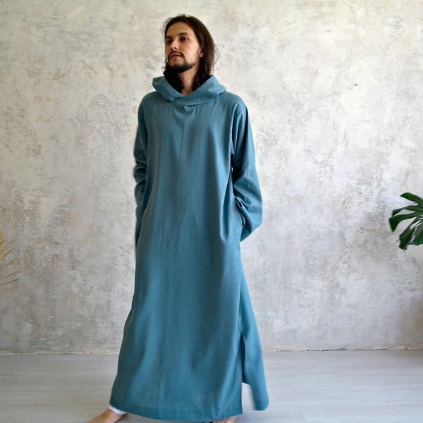 MEN'S LINEN KAFTAN, Linen Hooded Kaftan, Linen Kaftan Men, Long Linen Hoodie, Organic Flax Kaftan, Long Linen Tunic, Maxi Linen Dress Hooded