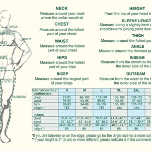 Men's linen tunic size chart with garment measurements and sizing guidance.