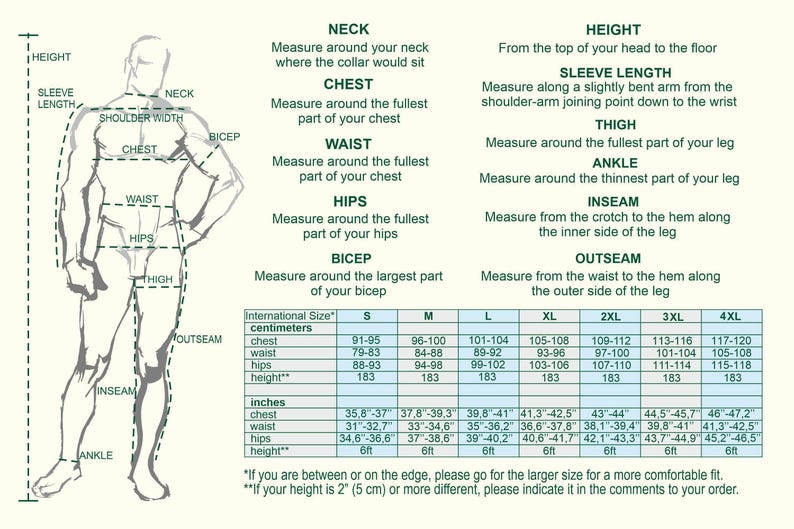 Men's linen tunic size chart with garment measurements and sizing guidance.