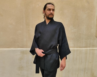 Men's Linen Kimono Jacket, Black Linen Kimono, Men's Linen Kimono, Sustainable Linen Kimono, Oganic Flax Kimono, Sports Gi, Martial Arts Gi