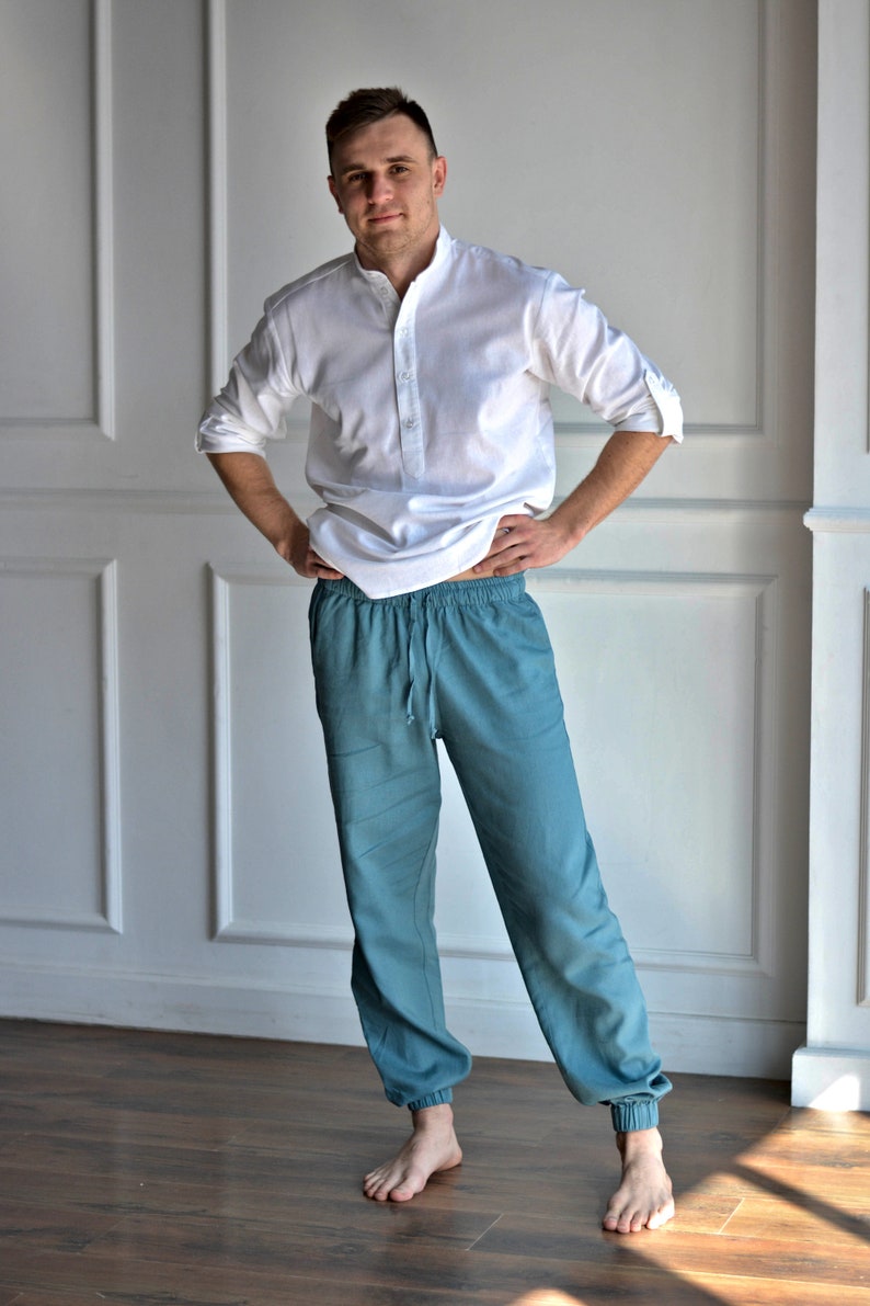 MEN'S LINEN PANTS. Men tapered natural linen pants. Yoga Etsy