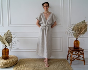 Robe en lin pur non teinté, robe tunique en lin, caftan en lin, robe en lin maxi, robe en lin pour femme, robe en lin grise, robe nuisette en lin naturel