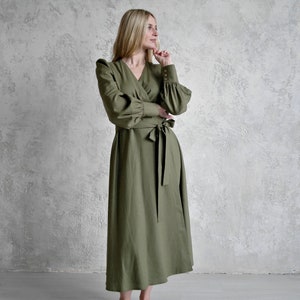 Vestido cruzado de lino, Vestido midi de lino, Vestido cruzado de lino, Vestido de lino orgánico, Vestido de lino en forma de A, Vestido de lino con mangas largas y puños abotonados