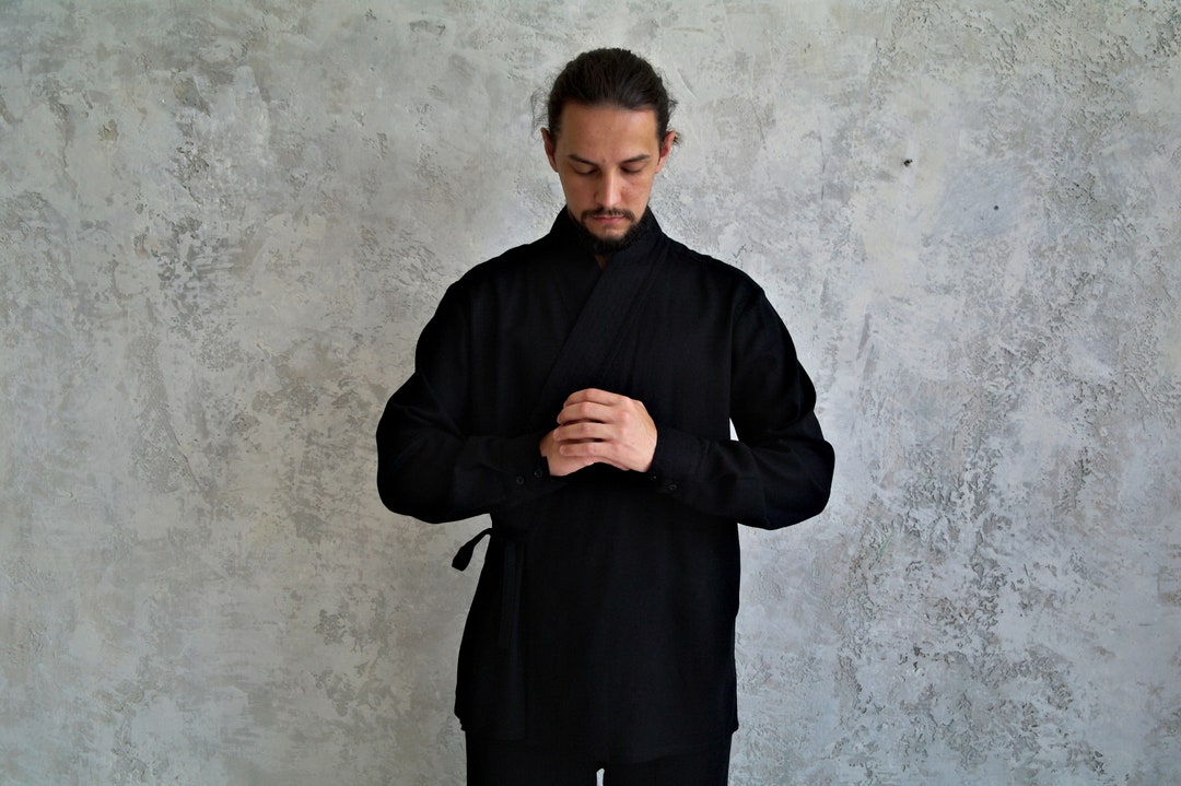 BLACK KIMONO SHIRT for Men, Men's Linen Kimono, Natural Linen Shirt ...