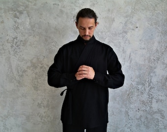 BLACK KIMONO SHIRT for Men, Men's Linen Kimono, Natural Linen Shirt, Japanese Style Shirt, Breathable Shirt for Men, Gift for Him!