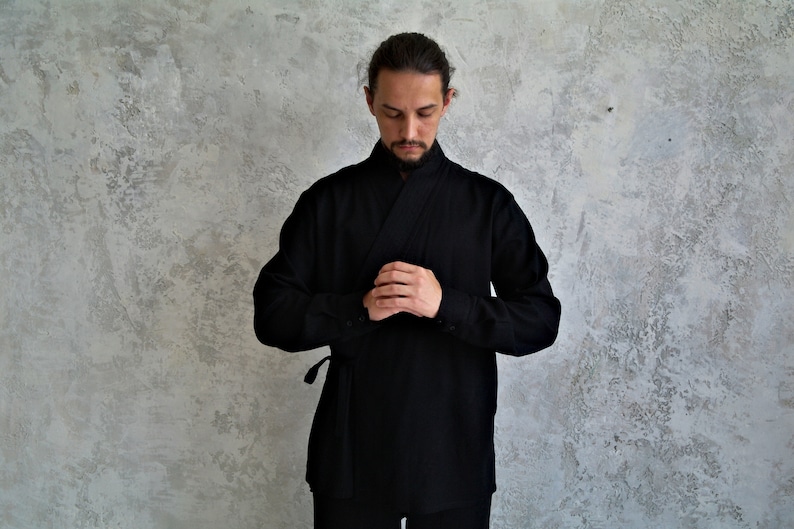 BLACK KIMONO SHIRT for Men, Men's Linen Kimono, Natural Linen Shirt, Japanese Style Shirt, Breathable Shirt for Men, Gift for Him image 1