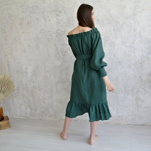 LINEN Off Shoulder Dress, Pure Linen Dress, Organic Flax Dress, Open shoulder dress Puffy sleeves, Midi Linen Dress, Natural linen dress image 9