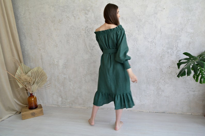 LINEN Off Shoulder Dress, Pure Linen Dress, Organic Flax Dress, Open shoulder dress Puffy sleeves, Midi Linen Dress, Natural linen dress image 9