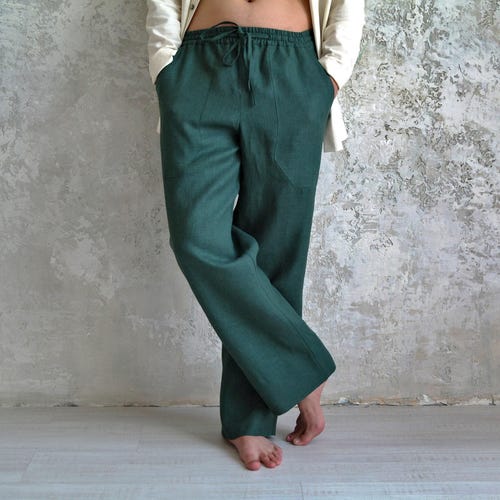Pantalones de lino de pierna ancha para hombre, de corte recto, con bolsillos y cintura elástica con cordón ajustable.