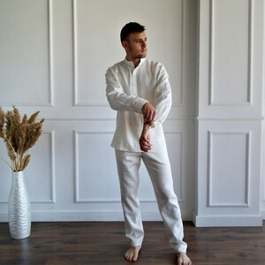 MEN'S LINEN SET, Pure linen suit men, Best man linen suit, Band collar shirt, Roll-up sleeves, Linen pants men, Flax trousers, Flax shirt image 4