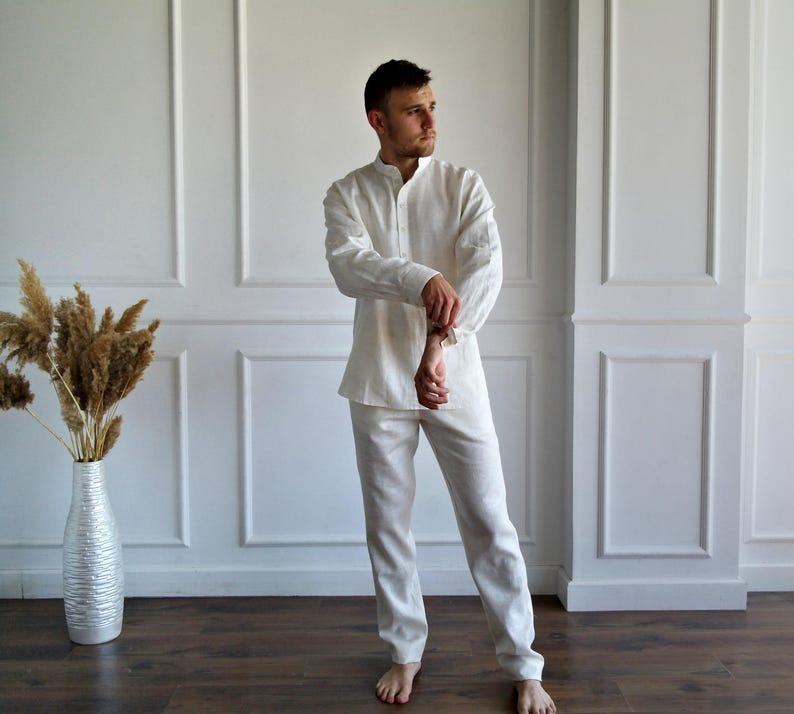 MEN'S LINEN SET, Pure linen suit men, Best man linen suit, Band collar shirt, Roll-up sleeves, Linen pants men, Flax trousers, Flax shirt image 4