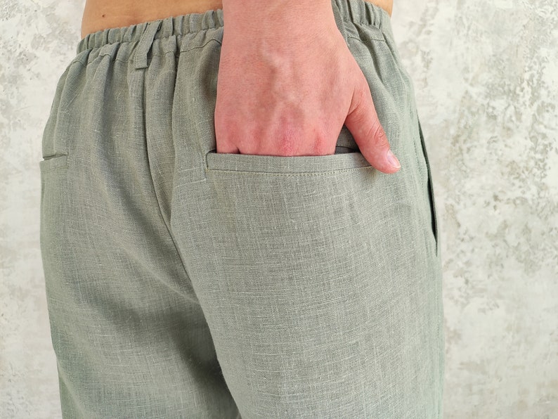 Straight Linen Pants for Men, Classic Linen Trousers, Organic Flax Men's Pants, Natural Linen Pants , Men's Elastic Waist Linen Pants zdjęcie 8