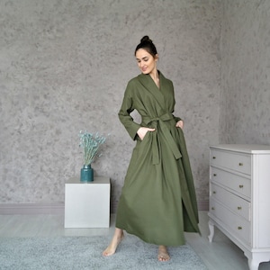 Linen Robe for Women, Shawl Collar Wrap Bathrobe with Lapel Sleeves, Belt and Pockets