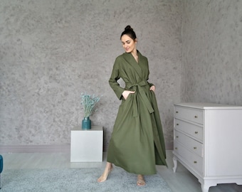 Leinenbademantel für Damen, Wickelbademantel mit Schalkragen, Reversärmeln, Gürtel und Taschen