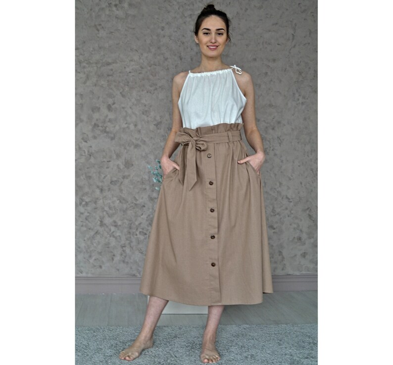 LINEN A-line SKIRT, High-waist elasic Skirt with Belt, Ruffled linen skirt, Midi Linen Skirt, Linen skirt with pockets, Long linen skirt image 3