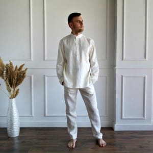MEN'S LINEN SET, Pure linen suit men, Best man linen suit, Band collar shirt, Roll-up sleeves, Linen pants men, Flax trousers, Flax shirt image 2