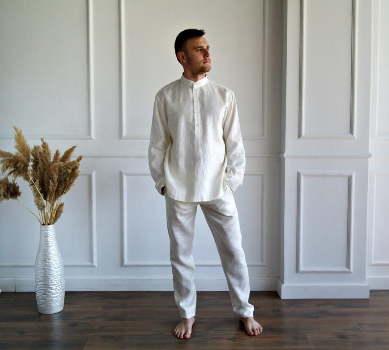 MEN'S LINEN SET, Pure linen suit men, Best man linen suit, Band collar shirt, Roll-up sleeves, Linen pants men, Flax trousers, Flax shirt image 2