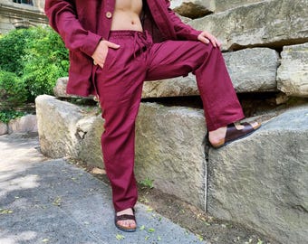 Men's Straight Linen Pants, Loose Linen Pants, Linen Trousers, Mens Flax Pants, Natural Linen Pants Pockets, Man's Elastic Waist Linen Pants