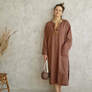 Linen Beach Dress with Side Slits, Womens Linen KAFTAN, Linen Tunic with Roll-up Sleeves, Long V-neck Dress, Organic Flax Kaftan Dress Women image 3